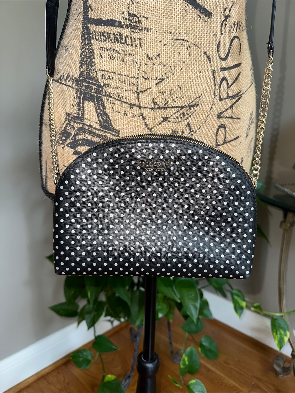 kate spade Black and Metallic silverPolka Dot Crossbody with Gold Chain ♠️